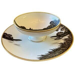 Nippon Hand Painted Gilded Japanese Dish Landscape Scene Butter Cheese Dip Sauce